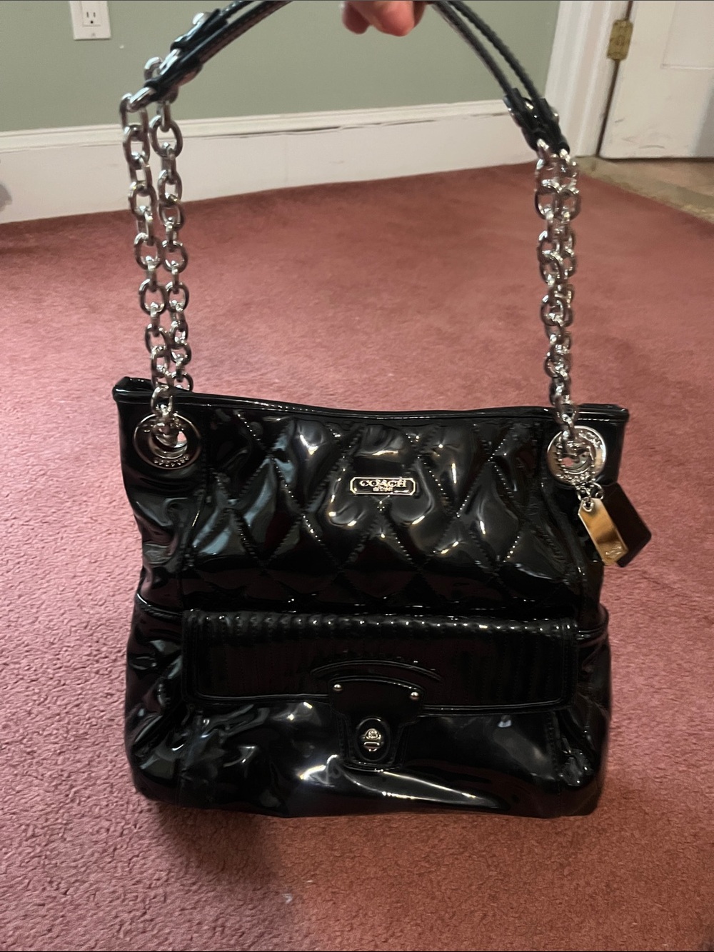 Coach Black Patent Quilted Shoulder Bag with Silver Hardware
